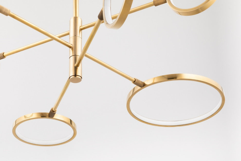 Saturn 6-Light LED Chandelier, Aged Brass, Matte White Glass and Metal Shade