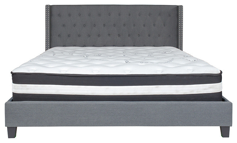 King Size Tufted Platform Bed in Dark Gray with Pocket Spring Mattress