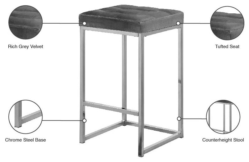 Nicola Counter Stool, Set of 2, Gray, Velvet, Chrome Base