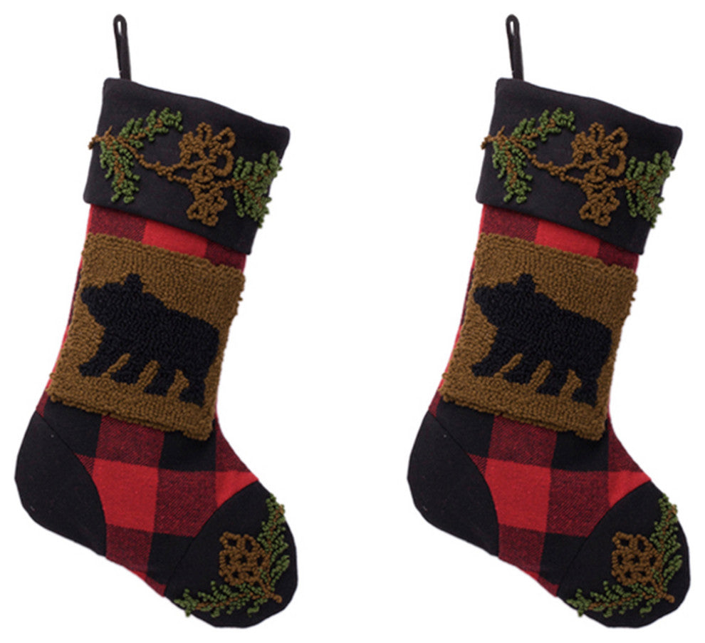 Set of 2 Plaid Stocking With Rug Hooked, Bear