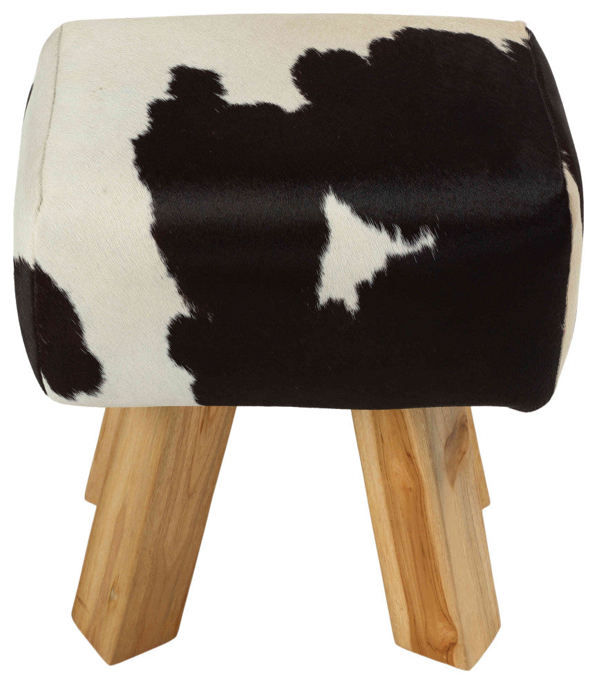 Bare Decor Juliet Genuine 100% Hide and Teak Vanity Stool Ottoman, Black/White