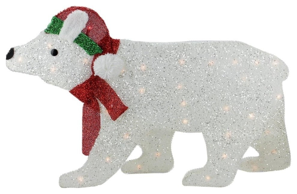 19" Lighted White 2-D Glittered Polar Bear Christmas Yard Art Decoration