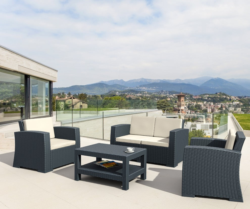 Monaco Resin Patio Seating Set With Cushion, 4 Person, Dark Gray
