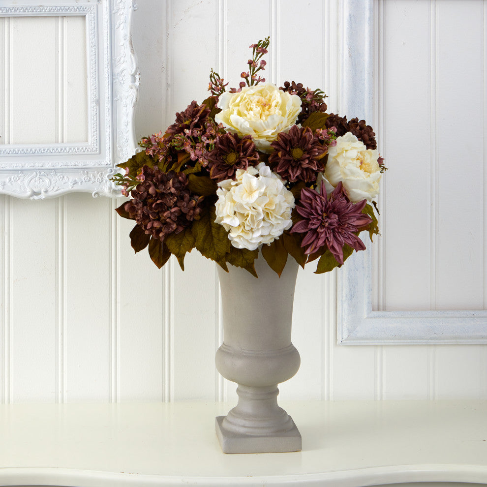 27" Peony, Hydrangea and Dahlia Artificial Arrangement, Sand Colored Urn