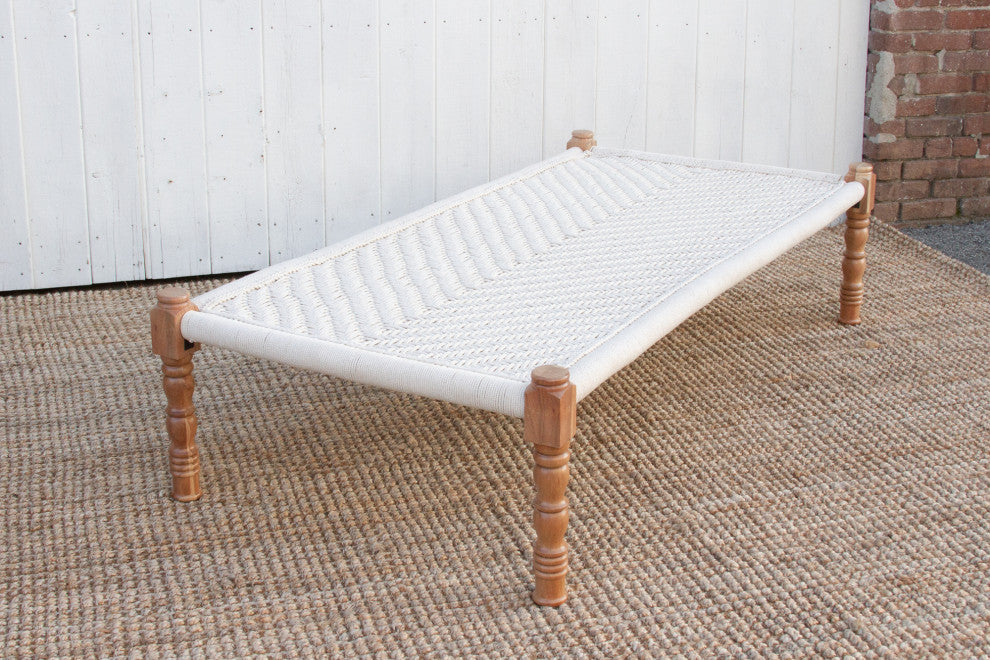 Bleached Wood and White Woven Charpai Coffee Table