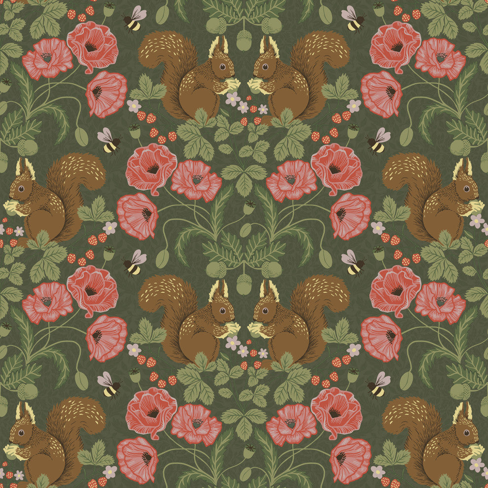 Kurre Dark Green Woodland Damask Wallpaper, Swatch