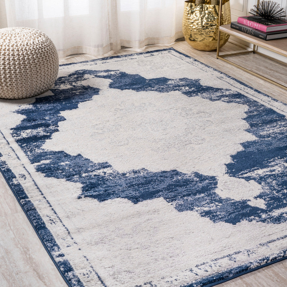 Alhambra Ornate Medallion Modern Runner Rug, Ivory/Navy, 5x8