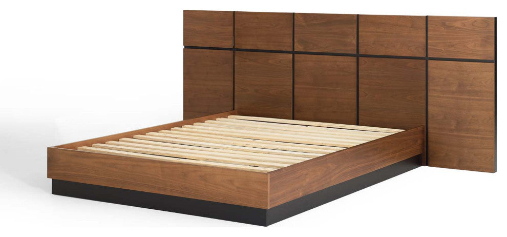 Platform Bed Frame, Queen Size, Wood, Brown Walnut, Modern Farmhouse, Bedroom