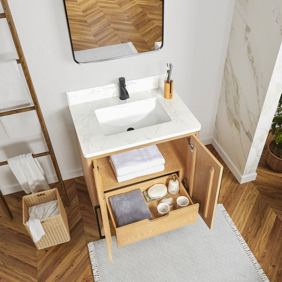 Gara Bath Vanity, Stone Top, Washed Ash Grey, 30", Single Vanity, No Mirror