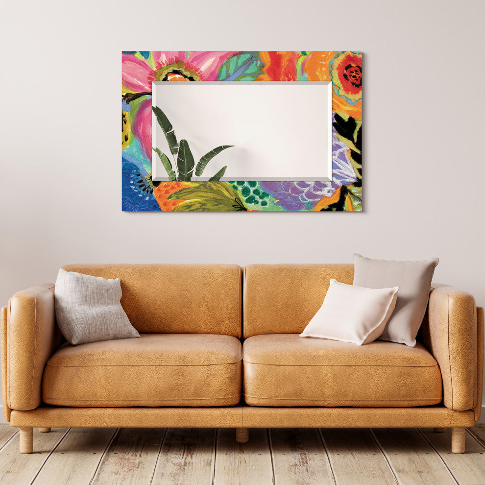 "Secret Garden Floral II" Leaner Mirror on Tempered Art Glass, 48" X 32"