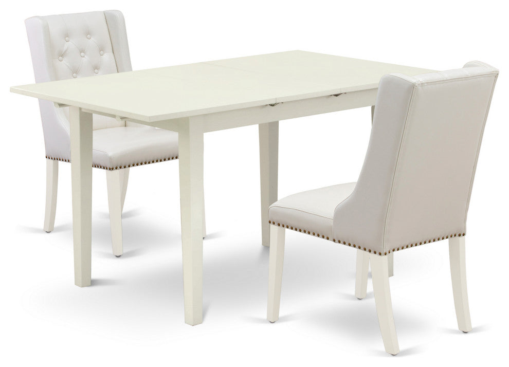 3Pc Dining Set, 1 Butterfly Leaf Table, 2 Light Grey Chair, Linen White