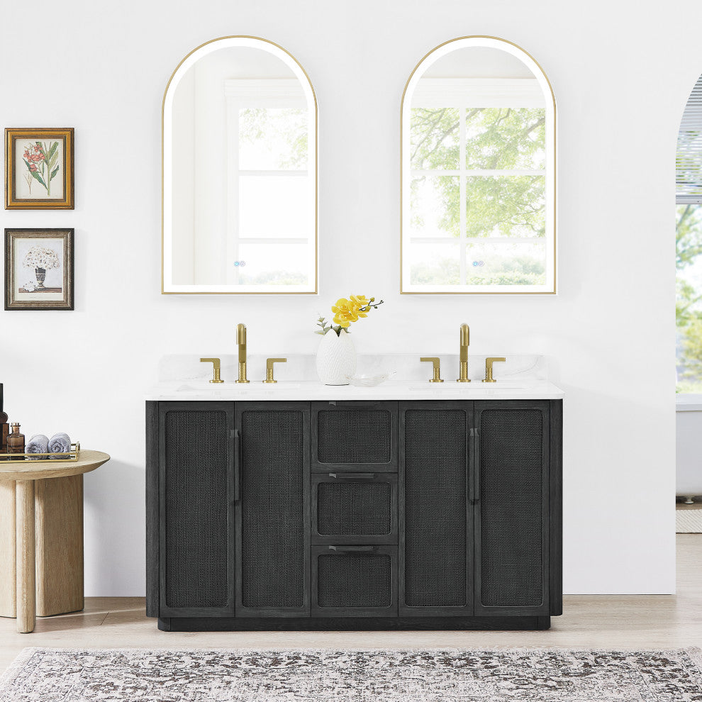 Busan Bath Vanity, Quartz Top No Mirror, Oak Classic Black, 60", Double Vanity