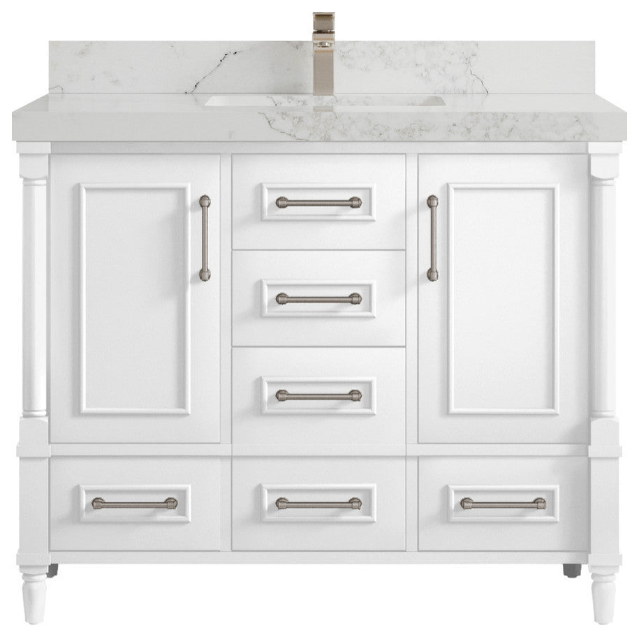 Aberdeen 42 Single Sink Bath Vanity in White 2" Calacatta Nuvo