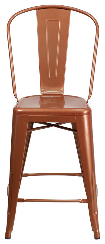 24'' High Copper Metal Indoor-Outdoor Counter Height Stool with Back