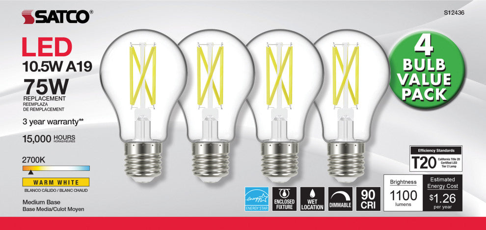 10.5W A19 LED, 75W Replacement, Clear, Medium Base, 2700K, 120V, 4-Pack