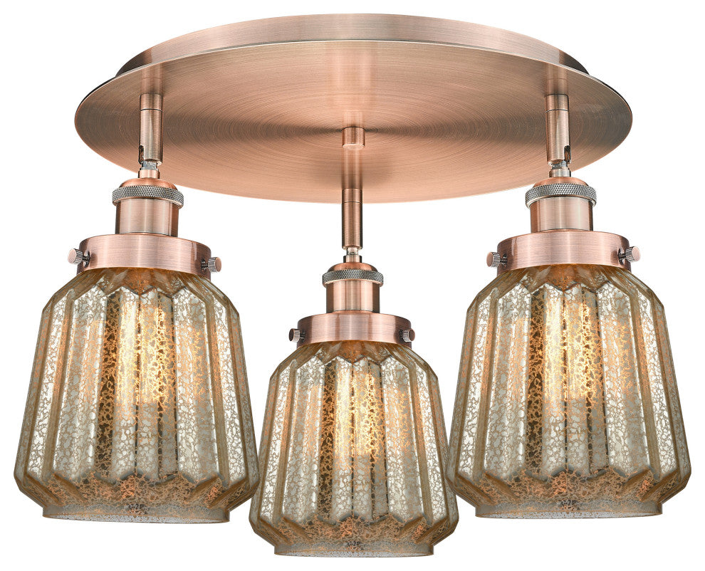 Chatham-3 Light 18" Flush Mount-Antique Copper, Mercury Glass Shade