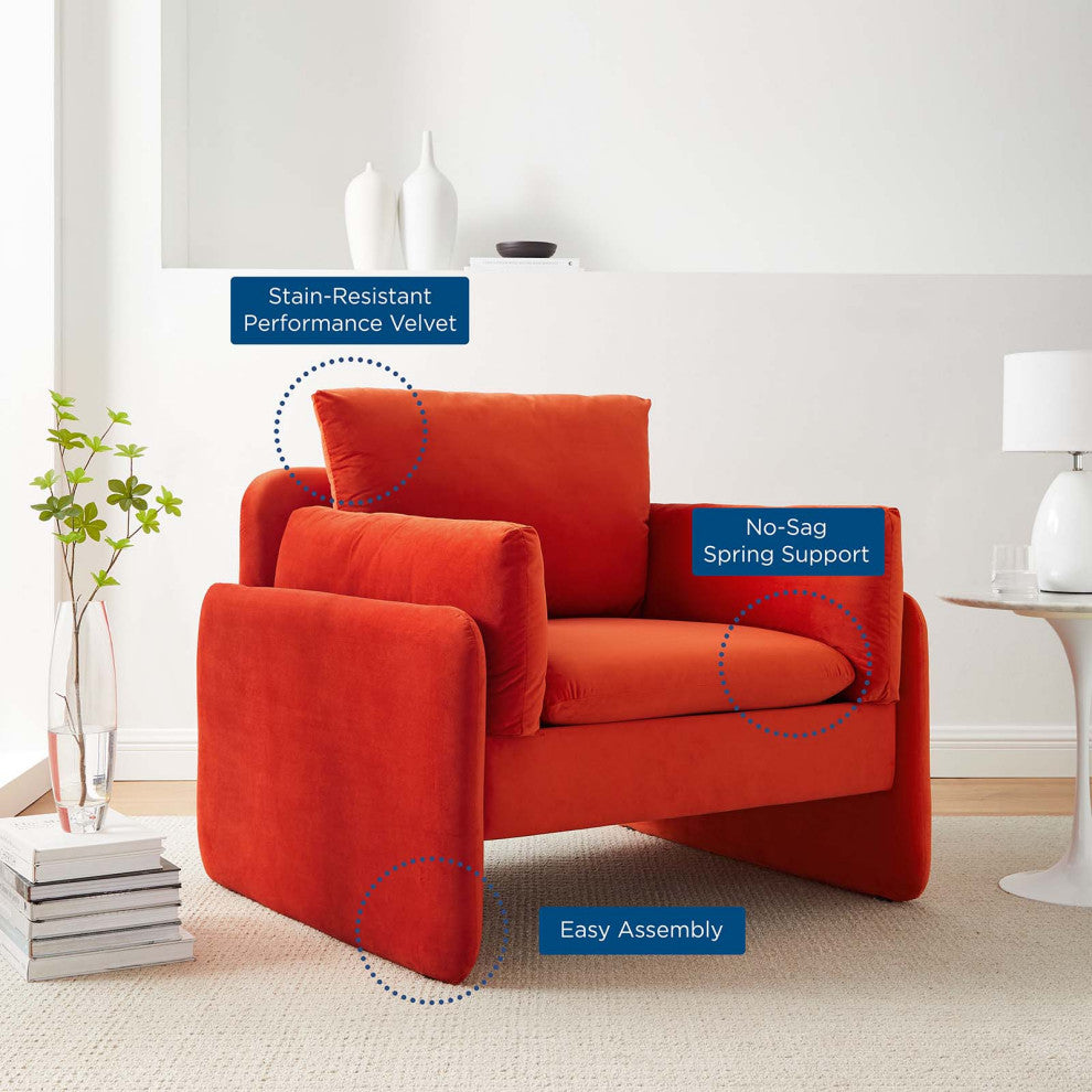 Armchair Accent Chair, Velvet, Orange, Modern, Living Lounge Hotel Hospitality