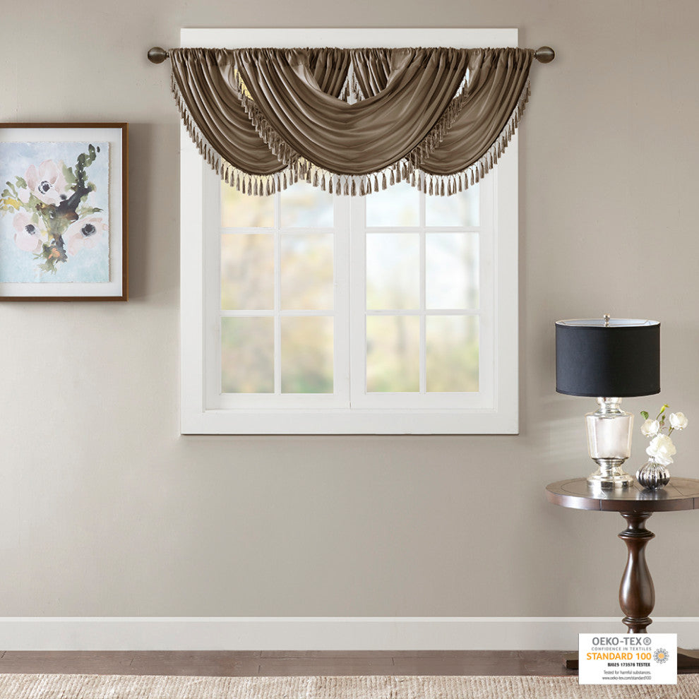 Madison Park Elena Silky Sheer Window Valance with Tassels, Bronze, Bronze