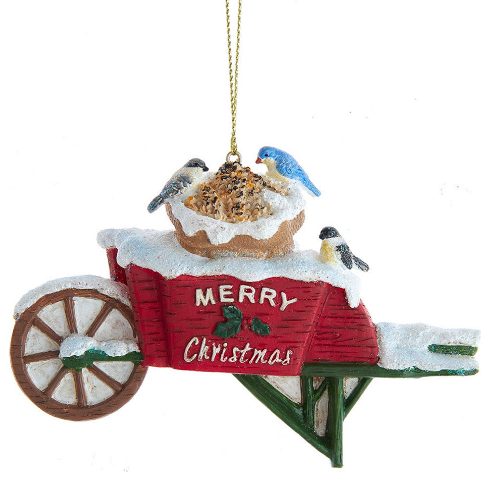 Backyard Birds Feeding on Snowy Wheelbarrow Christmas Holiday Ornament