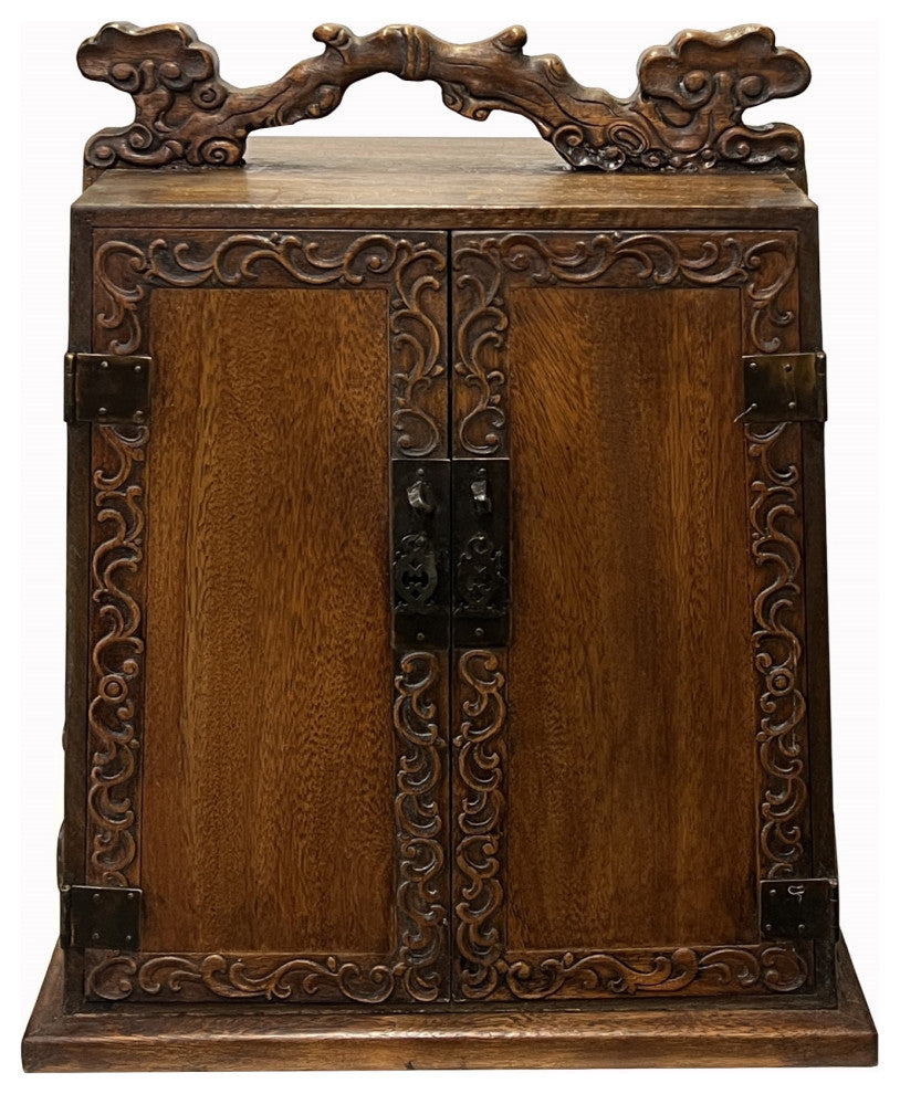 Chinese Distressed Wood RuYi Relief Motif Carved Drawers Box Chest Hws3050