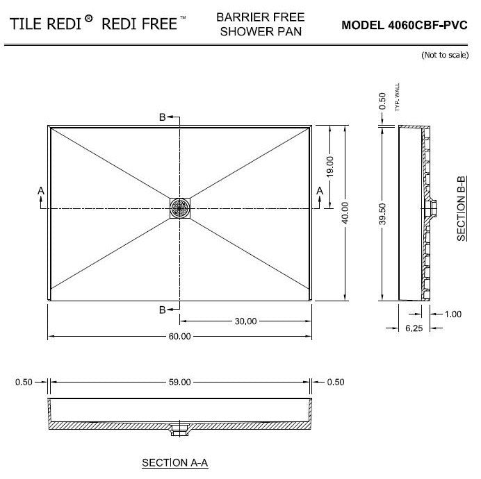 Tile Redi 4060CBF-PVC 40"x60" Curbless Shower Pan With Center PVC Drain