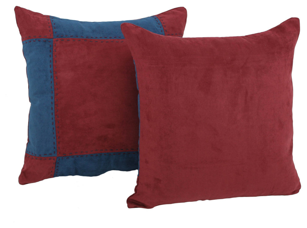 18" Patchwork Microsuede Square Throw Pillows, Set of 2, Red Wine/Indigo