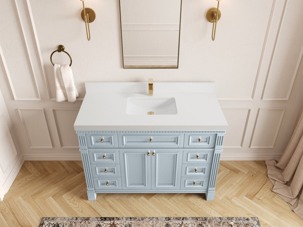 Paris 48" Single Sink Bathroom Vanity, Blue Heather 2" White Quartz