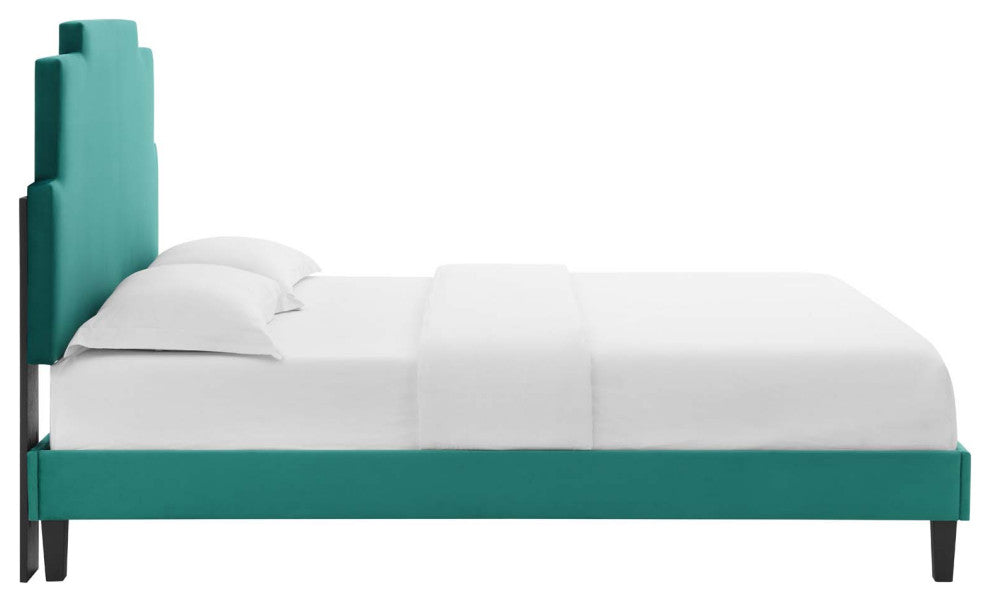 Platform Bed Frame, King Size, Velvet, Teal Blue, Modern Contemporary, Bedroom