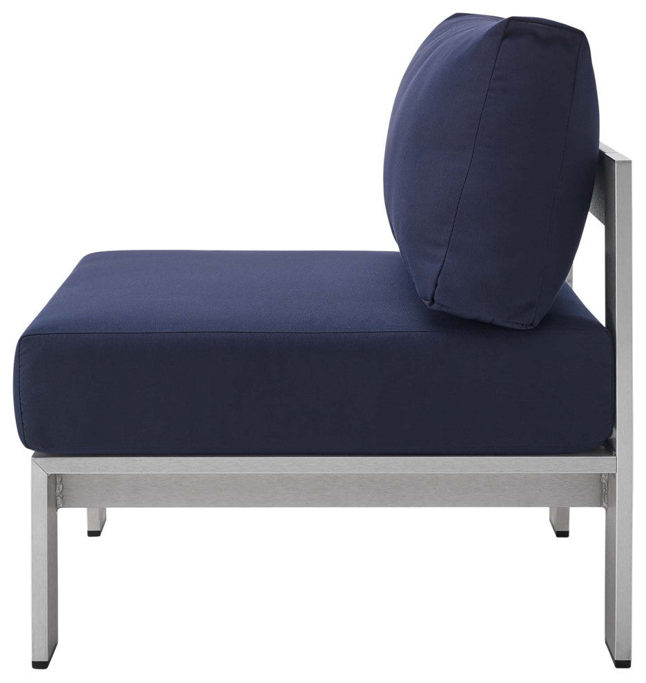 Sectional Sofa Chair Table Set, Sunbrella, Aluminum, Silver Blue Navy, Outdoor