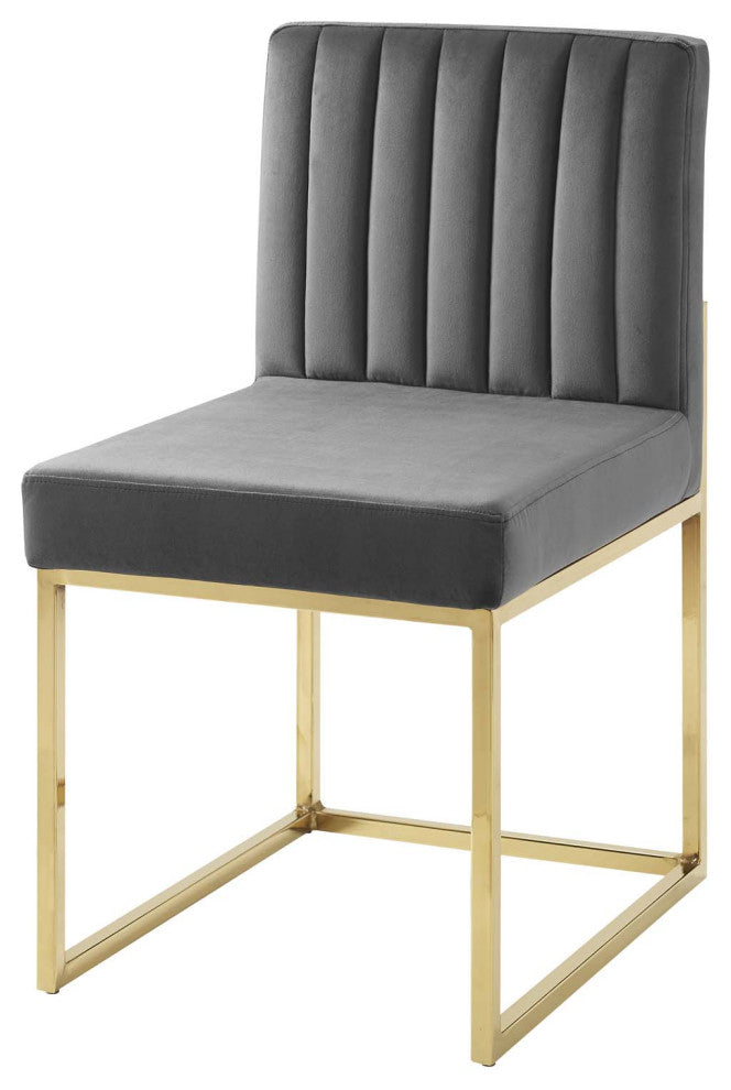 Tufted Side Dining Chair, Velvet, Metal, Gold Gray, Cafe Bistro Restaurant