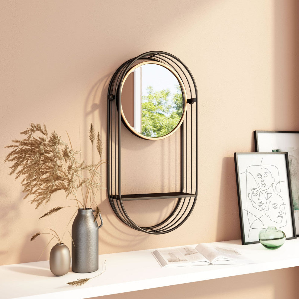 Frame Wall Mirror, Round, Glass, Steel Metal, Gray, Bedroom Living