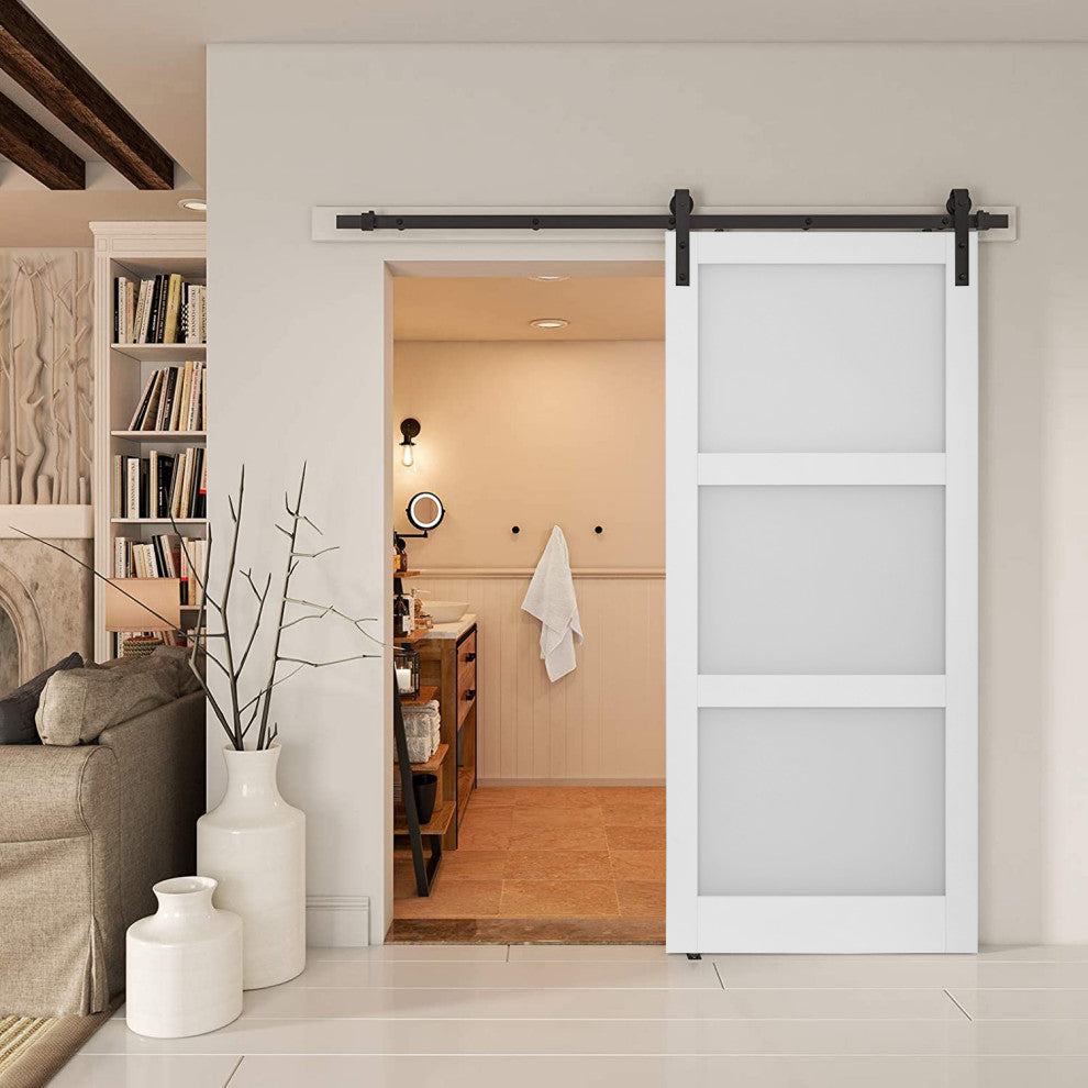 3-Panel Frosted Glass Barn Door Sliding Door with Hardware Kit, 42''wÃ—84''h