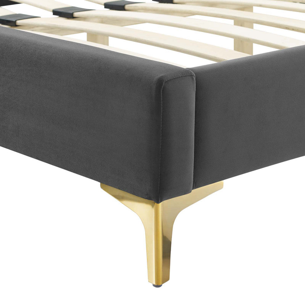 Platform Bed Frame, Nailhead, Queen Size, Charcoal Gray, Velvet, Modern