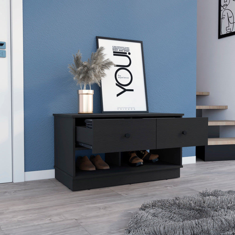 Tulip Storage Bench with 2 Drawers and 2 Open Shelves, Black