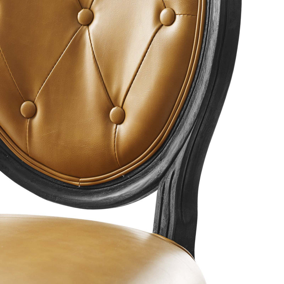 French Vintage Side Dining Chair, Faux Vegan Leather, Wood, Black Tan, Modern