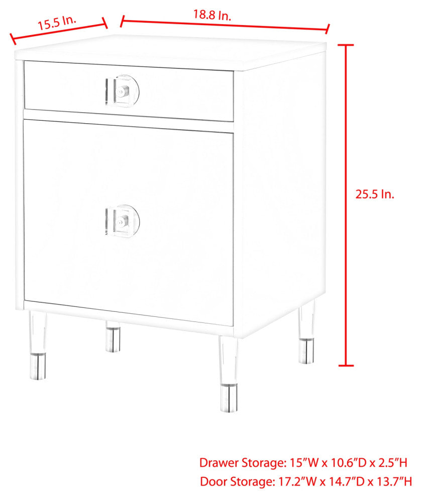 Nicole Miller Anatolio Nightstand High Gloss Acrylic Knob and Legs, Light Gray