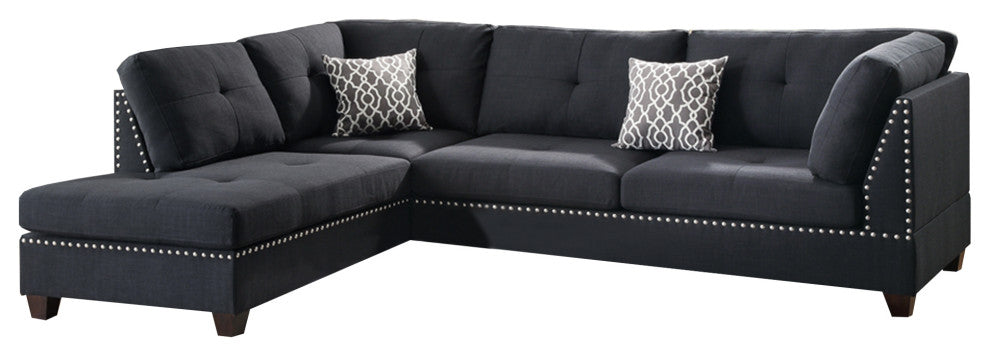 Benzara BM168761 Polyfiber 3 Pieces Sectional Set With Ottoman, Black