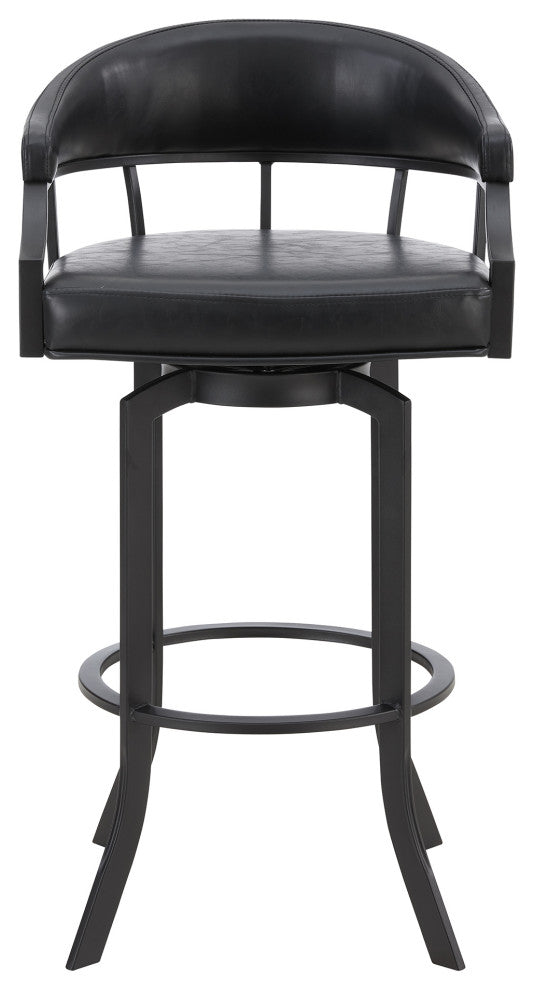 Pharaoh Swivel Black Powder Coated and Black Faux Leather Metal Bar Stool, 26"