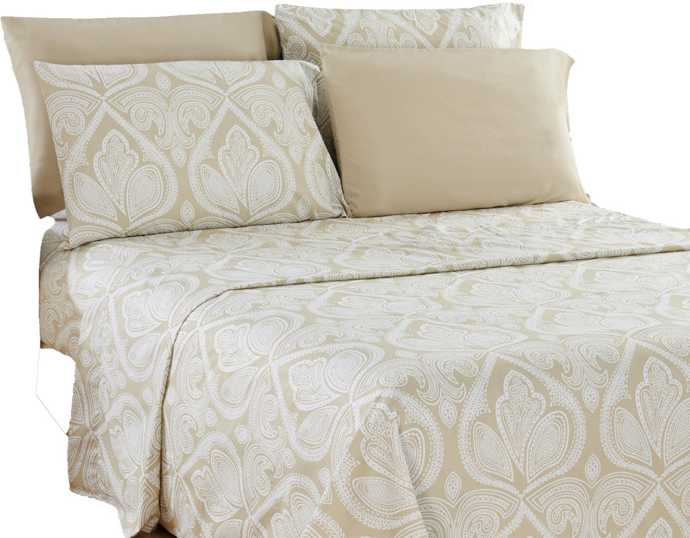 6 Piece: Luxury Paisley Printed Bed Sheet set, Twin 4 Piece, Ivory, King