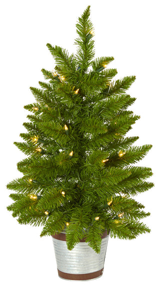 2' Providence Pine Faux Xmas Tree, Planter W/35 White Lights & Bendable Branches