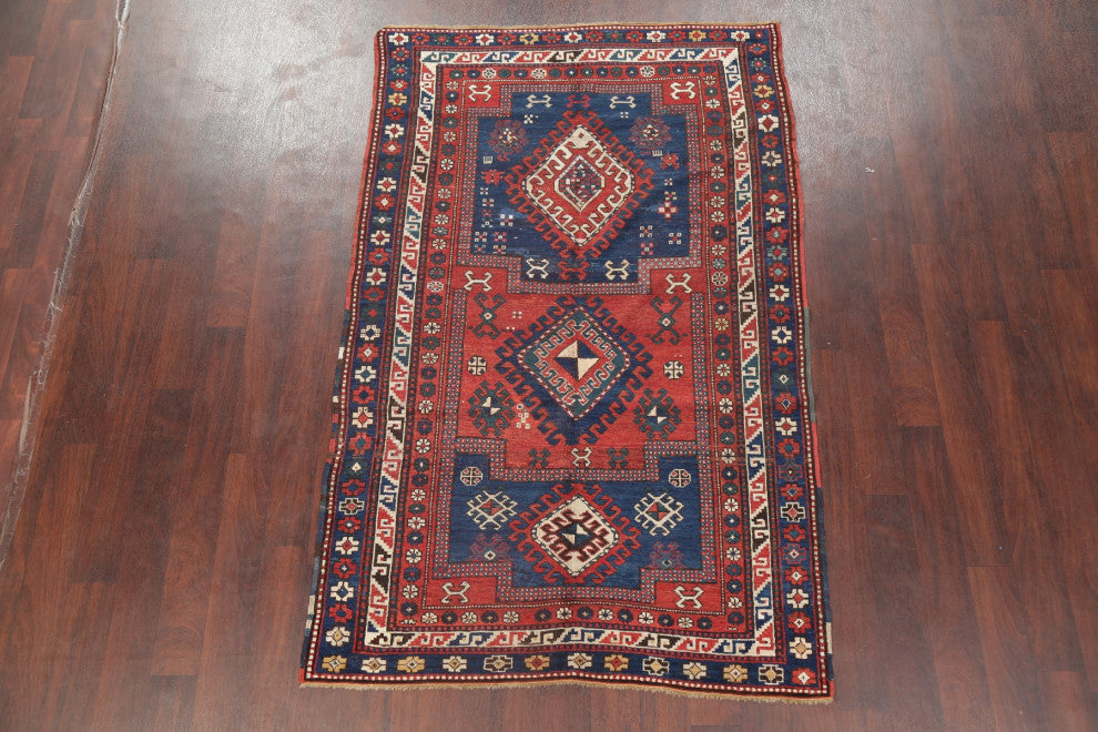 Consigned, Hand-Knotted Antique Oriental Traditional Russian Area Rug, Blue, 4x7