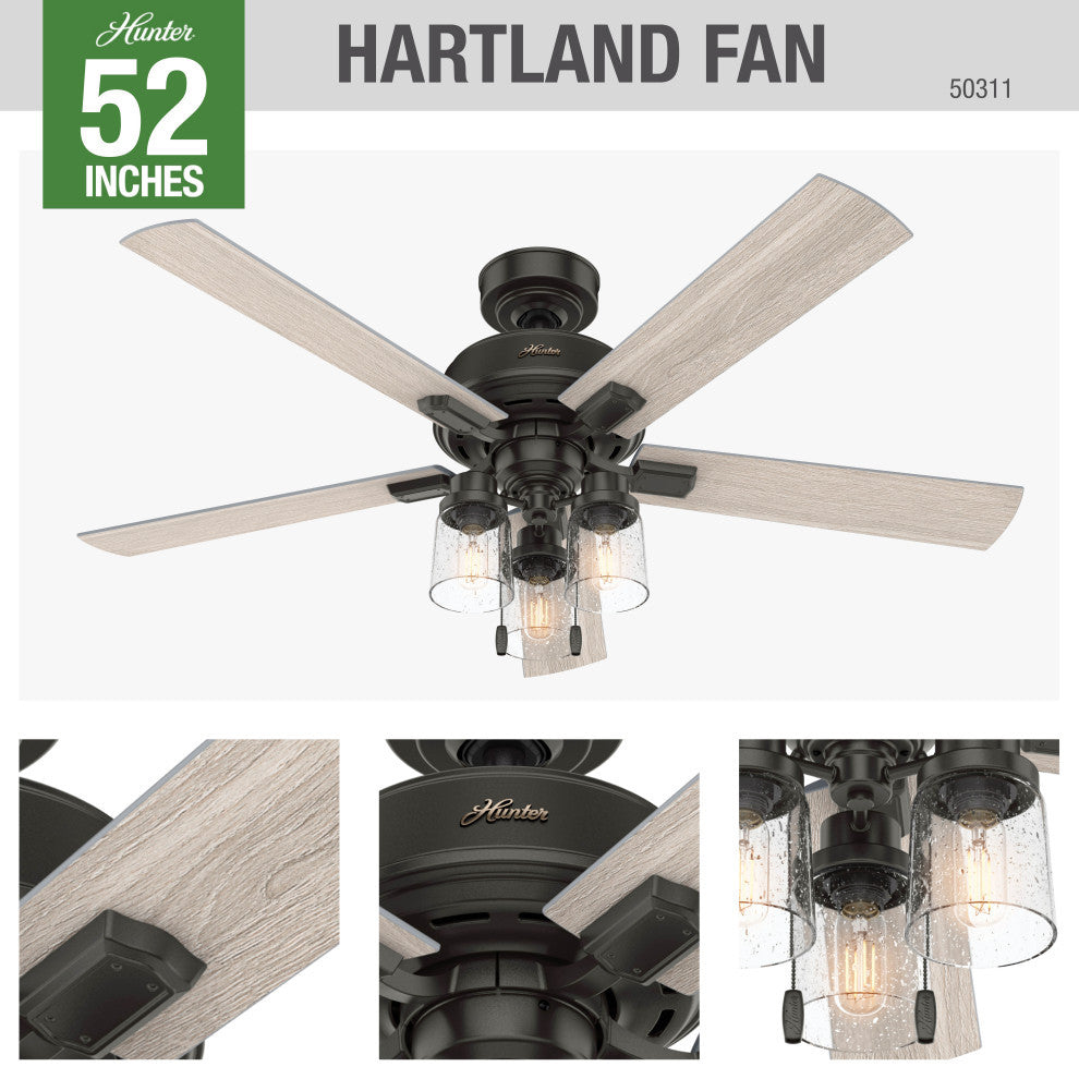 Hunter 52" Hartland Noble Bronze Ceiling Fan With LED Light Kit and Pull Chain