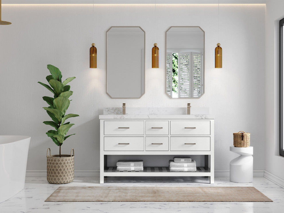Parker 60 Double Sink Bathroom Vanity in White 2" Calacatta Nuvo