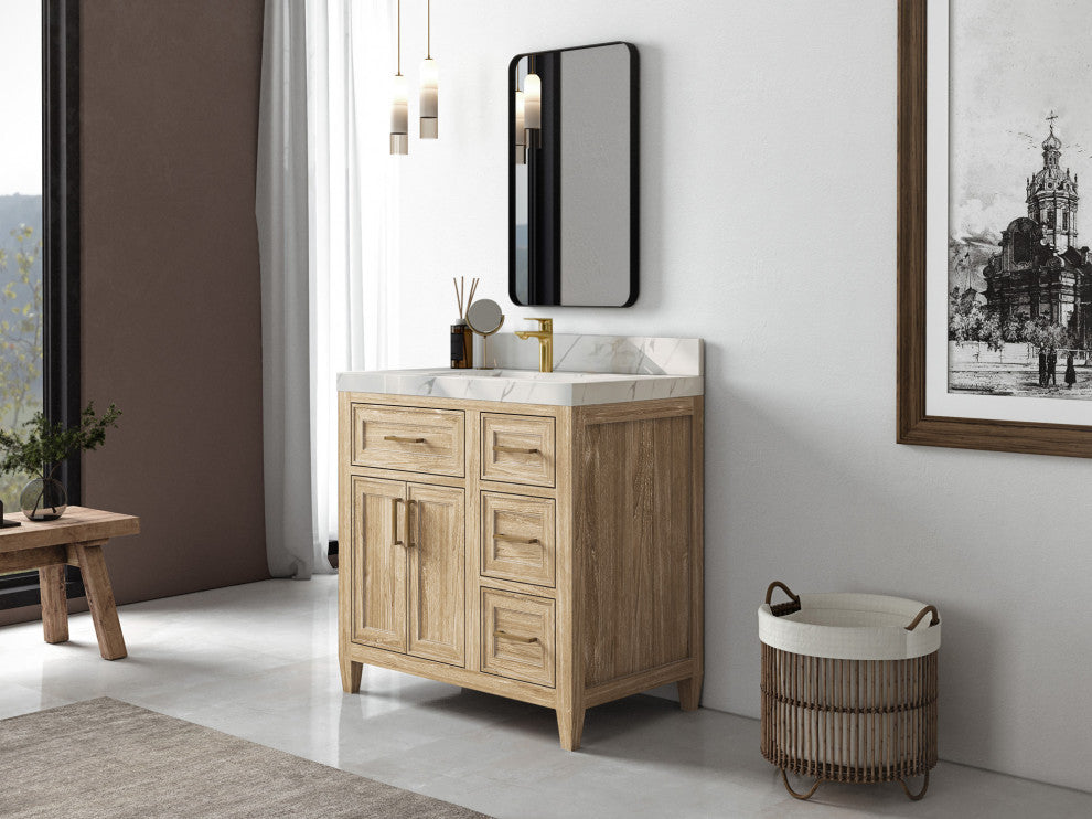 Santa Monica 36 Center Sink Bath Vanity in Whitewashed Teak 2" White Quartz