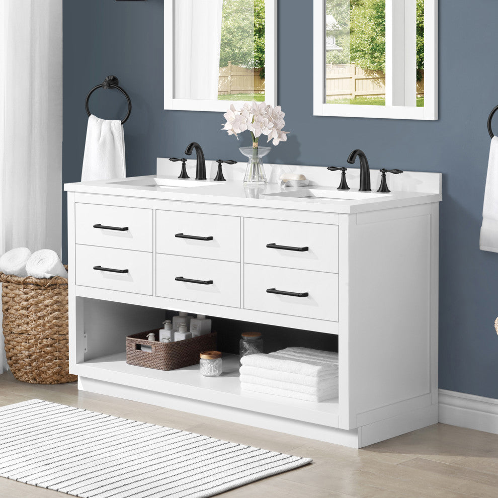Ove Decors Rider 60" Double Sink Bathroom Vanity, White With Black Hardware