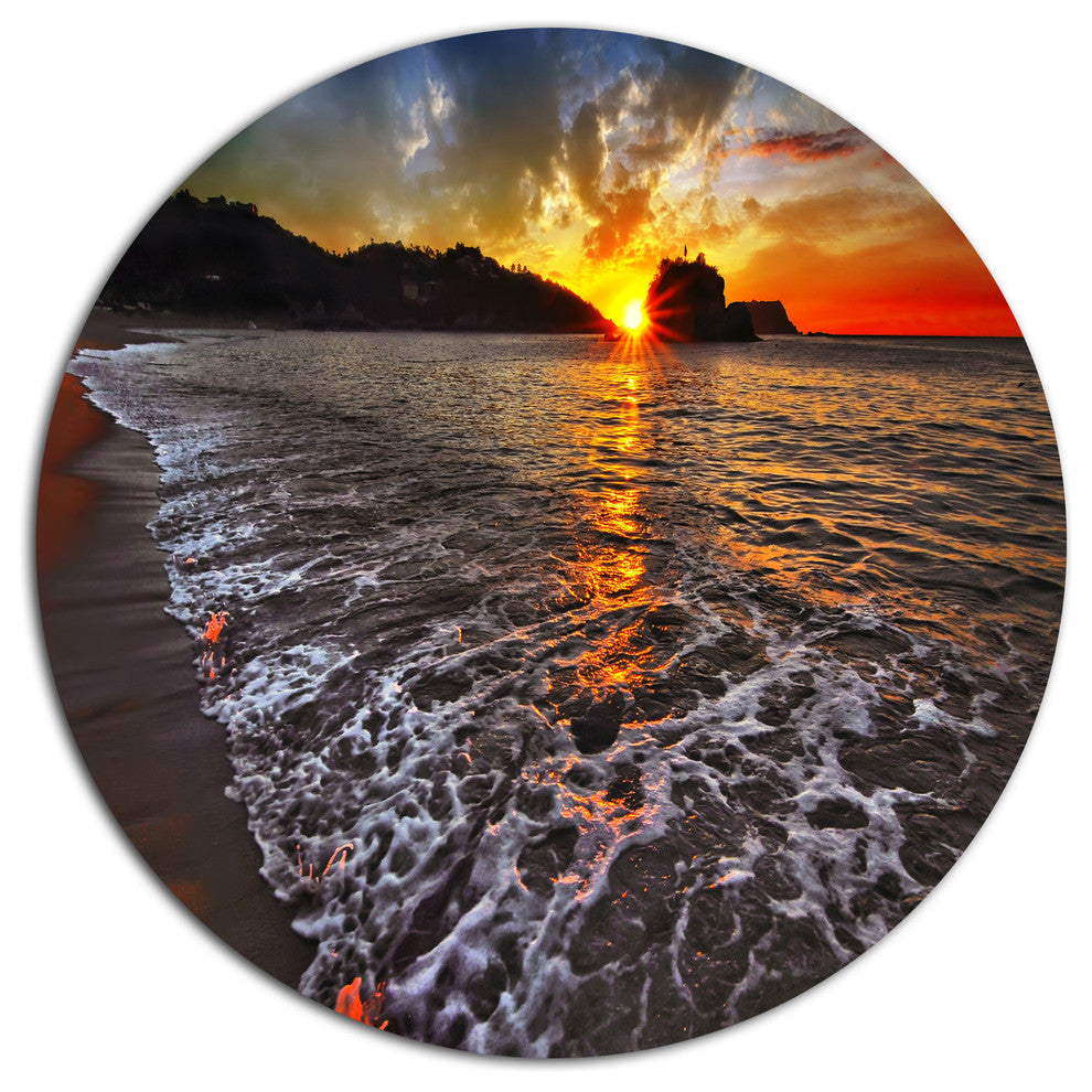 Setting Sun And White Waves, Seashore Round Wall Art, 23"