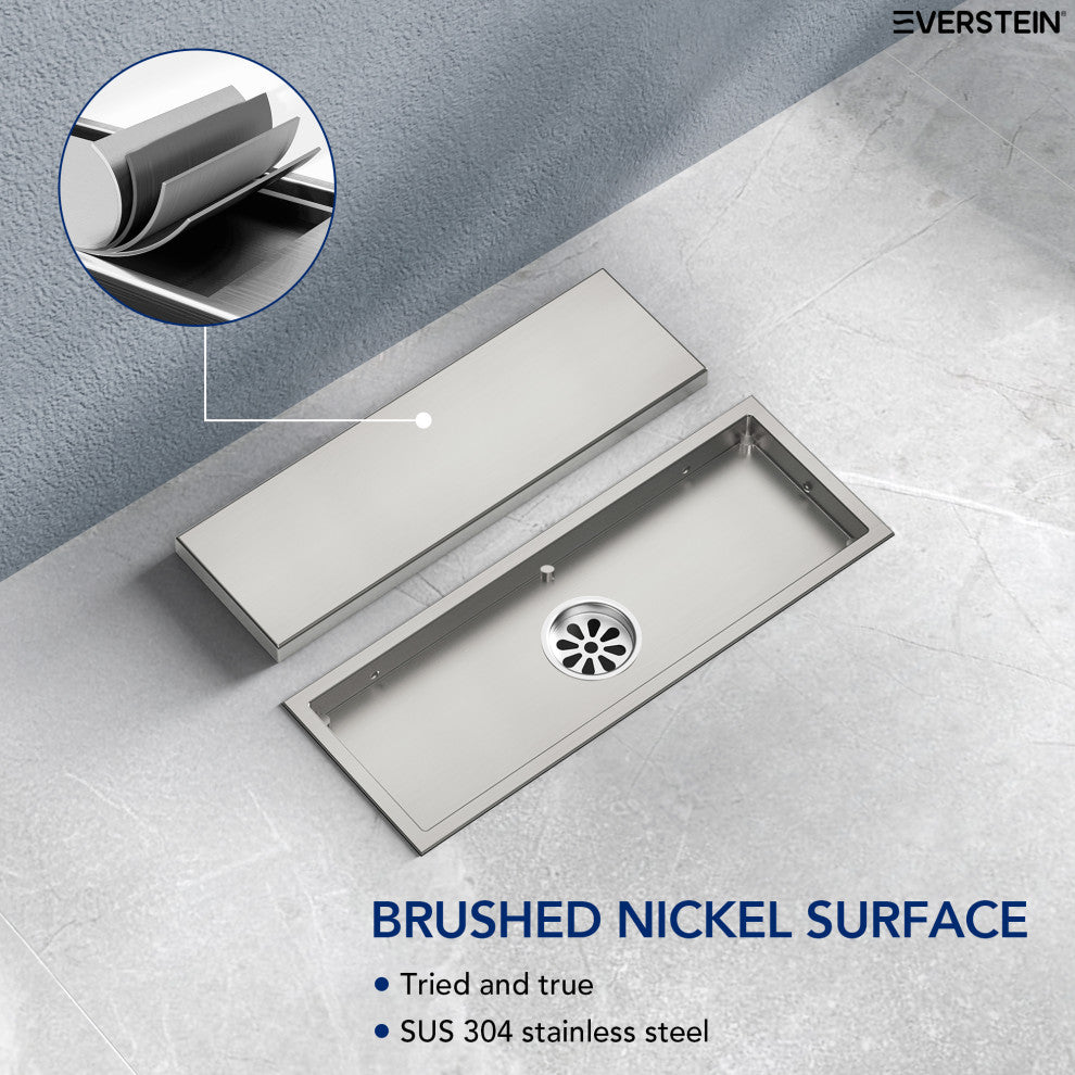 Linear Shower Drain with Hair Strainer and Reversible Tile Insert Cover, Brushed Nickel