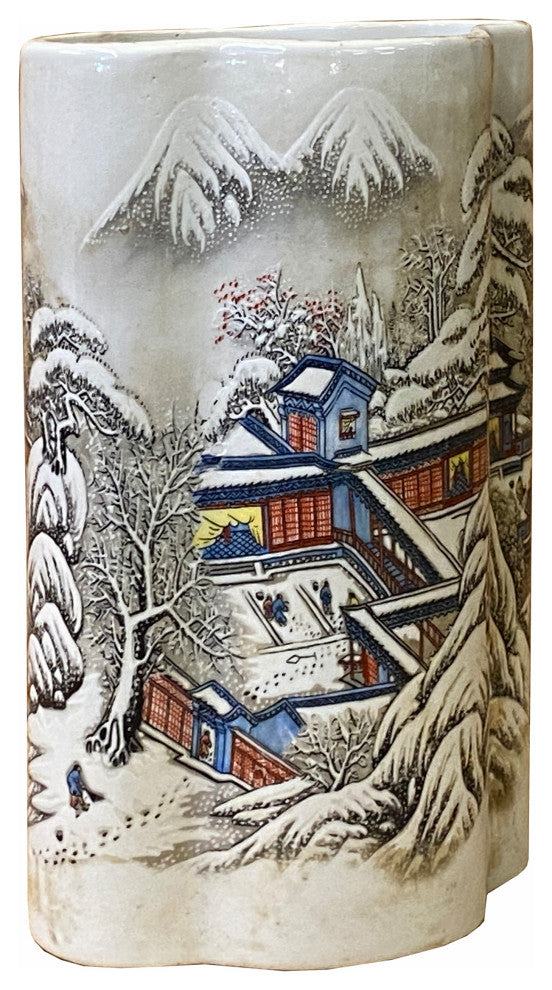 Chinese Off White Porcelain Snow Scenery Flower Shape Vase Hws2356