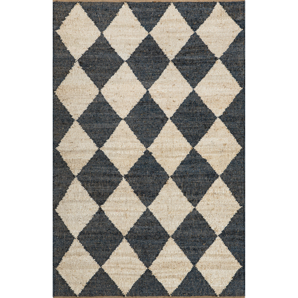 Louie Diamond Checkerboard Jute Area Rug, Charcoal 8'x10'