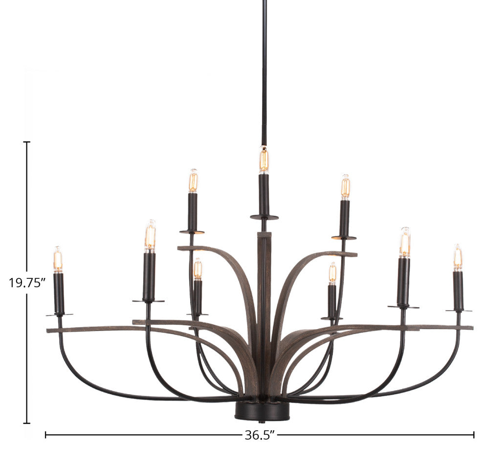 Monterey Uplight 9-Light Chandelier, Matte Black & Painted Distressed Wood-look